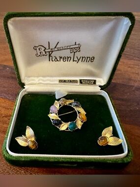 Vintage Karen Lynne Brooch & Screw Back Earrings Genuine Scarab 12kt GF Orig Box
